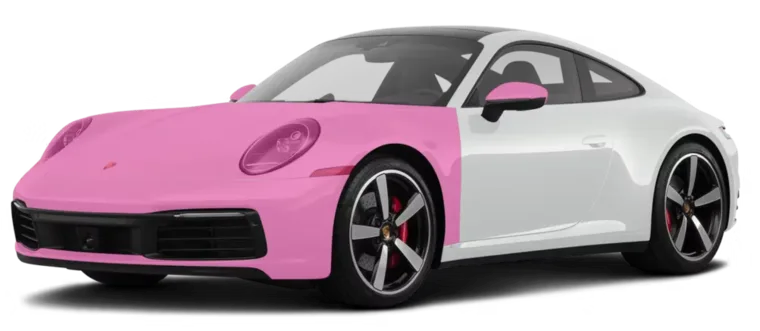 Porsche with the full front end covered in paint protection film, highlighted in pink