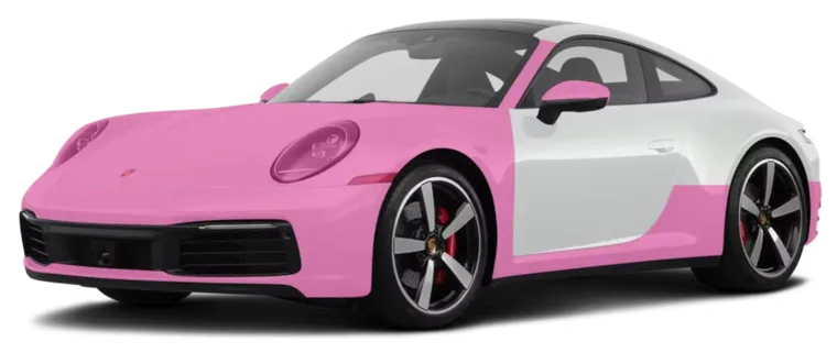 Porsche with the track package paint protection film coverage highlighted in pink