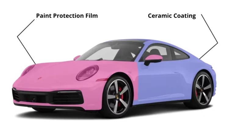 Porsche showing full front paint protection film paired with ceramic coating, in pink and purple